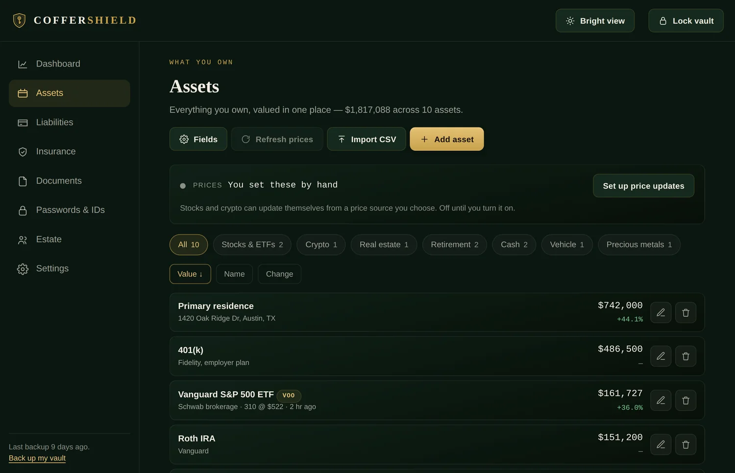 The Assets screen: ten holdings totalling $1,817,088