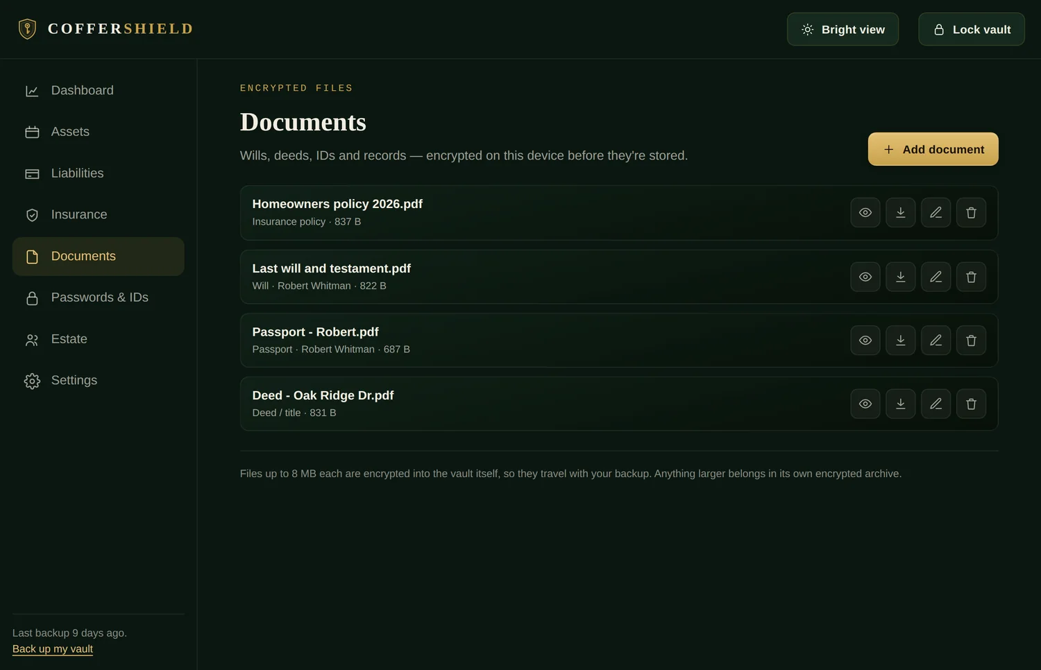 The Documents screen: a will, a deed, a passport and a policy inside the vault file