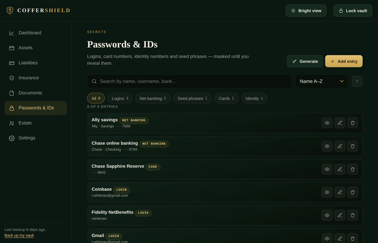 The Passwords and IDs screen: eight entries filtered by type, every secret masked